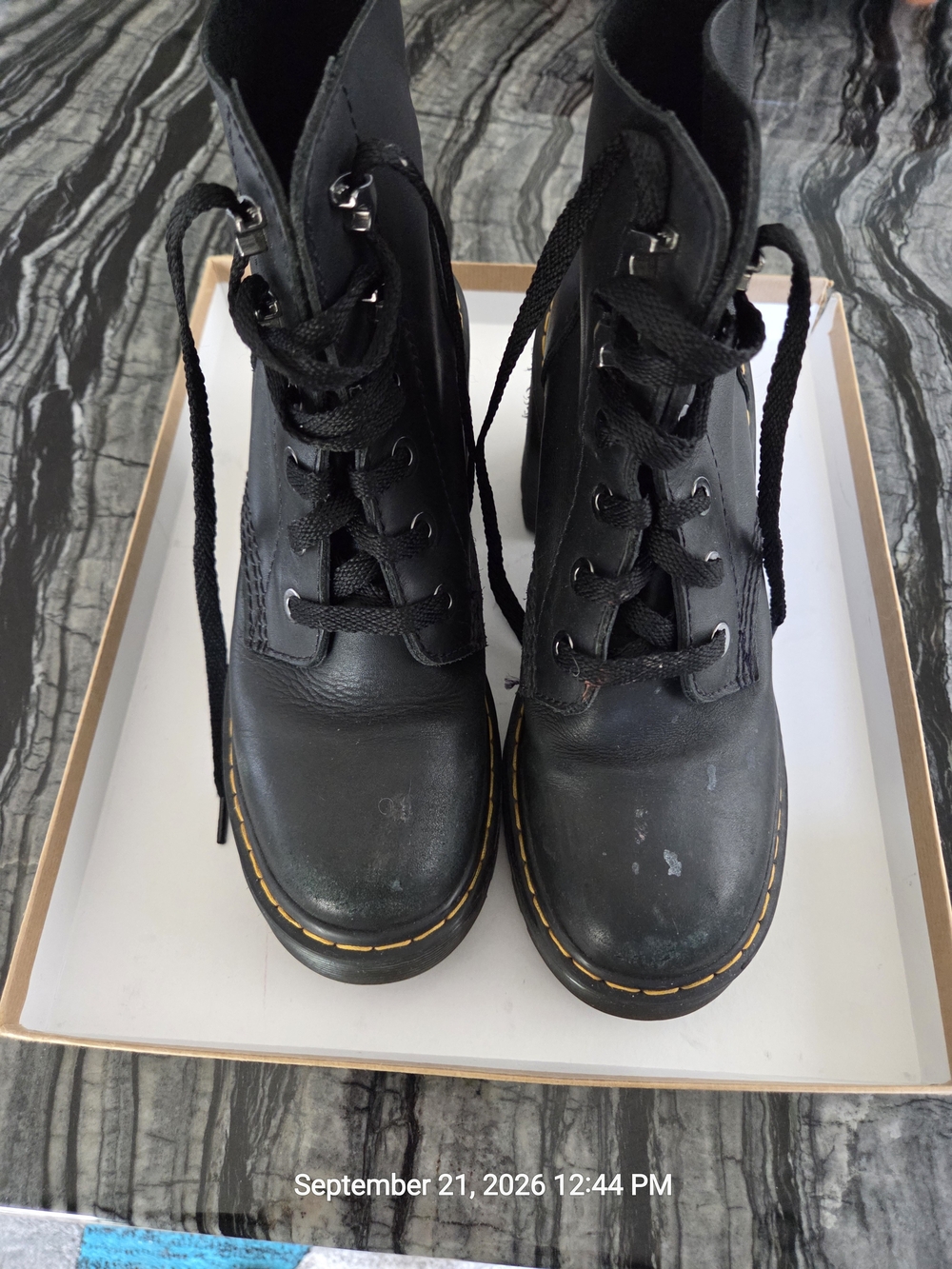 Dr. Martens Jesy Black Lace-Up Boots with Yellow Stitching